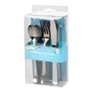 A clear plastic package containing a set of plastic cutlery. Produktbild-Vorschau