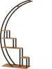 A modern, curved shelf unit with wooden shelves and black metal supports, presented against a white background. Produktbild-Vorschau