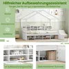 A white house-shaped bed with integrated storage, shown in a child's bedroom setting with decorative elements and close-ups of storage compartments. Produktbild-Vorschau