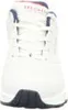 A close-up, front-facing view of a white sneaker with navy accents. Voir les images du produit