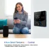 A woman is using a smartphone while sitting on a couch, with a smart thermostat displayed on the right side of the image. Produktbild-Vorschau