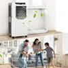 The image is a collage showing a portable air conditioner with an exhaust hose in the top panel and a family enjoying a cool room in the bottom panel. Produktbild-Vorschau