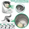 A collage of images showing a food processor, its blade, and a step-by-step guide for assembly. Produktbild-Vorschau