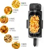 Collage showing a deep fryer with images of different fried foods and cooking temperatures/times. Produktbild-Vorschau