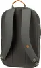 The back of a gray backpack with brown leather accents. Produktbild-Vorschau