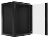 A black server rack cabinet with its glass door open, showing the interior. Produktbild-Vorschau