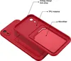 A red phone case is shown with callouts highlighting its features. Produktbild-Vorschau