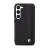 A black smartphone case with a textured pattern and a leather strip featuring the BMW logo. Produktbild-Vorschau