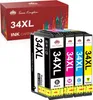 A box of Toner Kingdom 34XL ink cartridges with four cartridges displayed in front of it. Produktbild-Vorschau