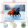 A diamond painting kit with a picture of two horses running in the snow, along with size and color details. Produktbild-Vorschau