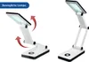 A collage of two images showing a white LED desk lamp with a flexible arm and adjustable head. The left image shows the lamp with red arrows indicating movement, and the right image shows the lamp in a different position. Produktbild-Vorschau