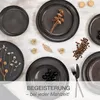 A flat lay arrangement of dark grey plates with decorative elements like dried flowers, coffee beans, and straw ornaments, set against a light wooden background. Overlay text provides a marketing message. Anteprima dell’immagine prodotto