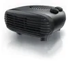 A black electric heater is shown on a white reflective surface. Produktbild-Vorschau