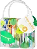 A clear plastic bag containing Fiskars Kidzors children's decorative scissors, with green leaf decorations on the bag. Voir les images du produit