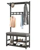 A coat rack with a bench and shoe shelves, displaying clothing and shoes. Produktbild-Vorschau