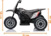 A side view of a black and gray electric toy motorcycle with dimensions indicated by orange lines and text. Anteprima dell’immagine prodotto