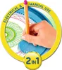 A hand is shown using a spiral drawing tool to create geometric patterns on paper. The image is framed by a yellow circle with text. Podgląd zdjęcia produktu