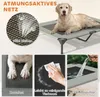 A collage of images showcasing a raised dog bed with a golden retriever on it, close-ups of the mesh material, and demonstrations of its cleaning and water-resistance features. Náhľad obrázku produktu