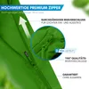 Close-up of a green zipper on a fabric product, with marketing text and graphics. Produktbild-Vorschau