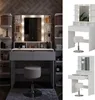 A collage of images showing a white vanity table with LED lights and a stool, displayed in different angles and settings. Náhľad obrázku produktu