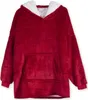 A red fleece hoodie with a white sherpa lining, shown flat against a white background. Produktbild-Vorschau