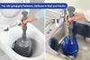 A split image showing a plunger being used in a toilet and a sink. Produktbild-Vorschau