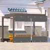 A transparent outdoor curtain with a zipper is shown attached to a pergola structure, protecting a patio area with a bench and a cat. Produktbild-Vorschau