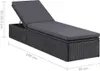 A black poly rattan sun lounger with a dark gray cushion, shown with dimensions indicated by text overlays. Produktbild-Vorschau