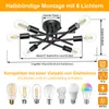 Diagram showing dimensions and compatibility of a black chandelier-style ceiling light fixture. Náhled obrázku produktu