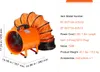 An orange industrial fan with a black flexible duct attached, shown with dimensions and specifications. Náhľad obrázku produktu