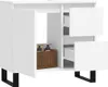 A white bathroom cabinet with its doors open, revealing shelves and a basket with soap dispensers. Náhled obrázku produktu