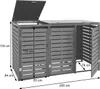 A grey, slatted outdoor storage unit for three trash bins, with dimensions indicated by measurement lines and numbers. Produktbild-Vorschau
