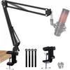 A black microphone boom arm with various accessories, including a microphone, clamp, and cable ties, arranged on a white background. Produktbild-Vorschau