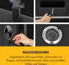 A collage of four close-up images showing different features of a charcoal grill, with text describing its features. Produktbild-Vorschau