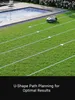 A robotic lawn mower is shown on a green lawn next to a swimming pool, with white lines indicating its path planning. Produktbild-Vorschau