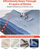 A sewing machine foot is shown sewing through multiple layers of denim fabric, with numbered markers indicating the layers. Below this, four fabric swatches are displayed with their names. Podgląd zdjęcia produktu