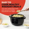 A person is using a wooden spoon to serve food from an Instant Pot, with bowls of food on the side. Produktbild-Vorschau