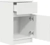 A white bedside table with one drawer open and one cabinet door open, showing the interior. Náhled obrázku produktu