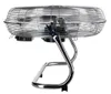 A chrome-finished floor fan with a metal grill and a black motor housing, shown from a side-front angle against a white background. Voir les images du produit