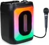 A black karaoke speaker with colorful LED lights and a black microphone. Produktbild-Vorschau