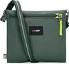 A green Pacsafe crossbody bag is shown against a white background.