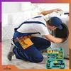 A repairman is working on a washing machine with a tool kit nearby. Produktbild-Vorschau