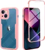A pink iPhone case with a clear back and a screen protector, shown from two angles. Produktbild-Vorschau