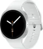 A white smartwatch with a silver bezel is shown against a white background. Produktbild-Vorschau