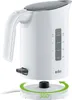 A white Braun electric kettle is shown on its charging base, with a green circular arrow indicating 360-degree rotation. Produktbild-Vorschau