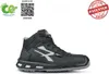 A black high-top safety shoe with gray accents is shown against a white background. There are several informational graphics and text elements in the upper portion of the image. Produktbild-Vorschau