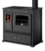 A black wood-burning stove with an oven and a stovetop, shown from the front against a white background. Anteprima dell’immagine prodotto