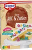 A product box for Dr. Oetker ABC & Zahlen cake decorations, showing examples of decorated cakes. Produktbild-Vorschau