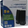 The image shows the retail packaging for Esperanza USB Stereo Speakers 2.0 Arco. Náhled obrázku produktu