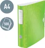 A green binder with a patterned design, shown next to two circular icons indicating A4 size and a capacity of 500 sheets. Voir les images du produit